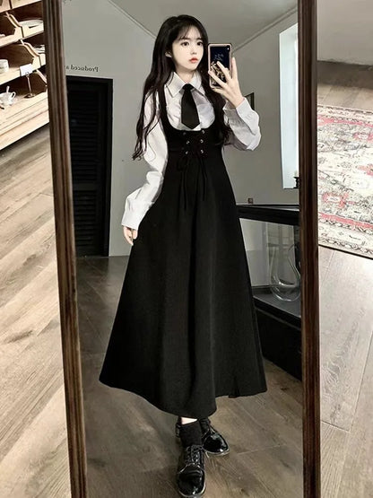 French Hepburn Style Suspender Dress Women's Spring and Autumn New Style All-match Waist Slimming Design Shirt Two-piece Skirt