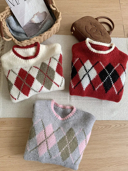 lovwvol Korean Fashion Knitted Pullovers Women Long Sleeve Autumn Winter Square Plaid Sweater Cozy Tide Loose Oversize Tops Harajuku