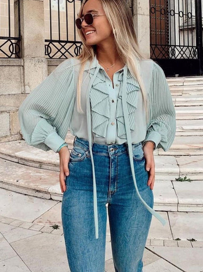 lovwvol lovwvol Snican pleated sleeve cascading ruffle bow tie office ladies blouse chic fashion female tops women camisas femininas Chiffon New