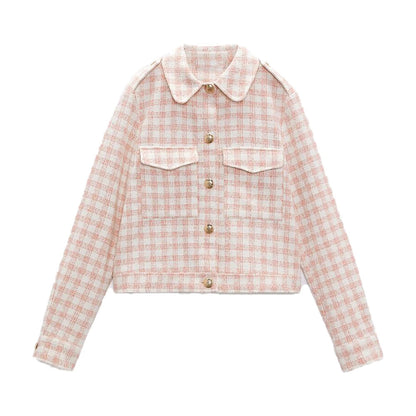 ZA spring new sweet girl pink checkerboard pattern suit jacket + temperament high waist checkerboard pattern casual shorts