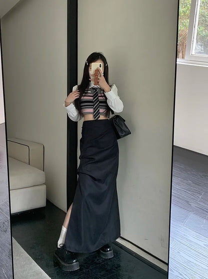 High Waist Split Women Skirts Y2k Aesthetic  Spring Solid Irregular Harajuku Skirt Slim All Match Casual Fashion Faldas