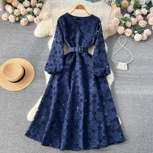 lovwvol Spring Autumn Women Hook Flower Hollow Party Long Dress Vintage Round Neck Puff Sleeve High Waist A-Line Maxi Vestidos New 2024