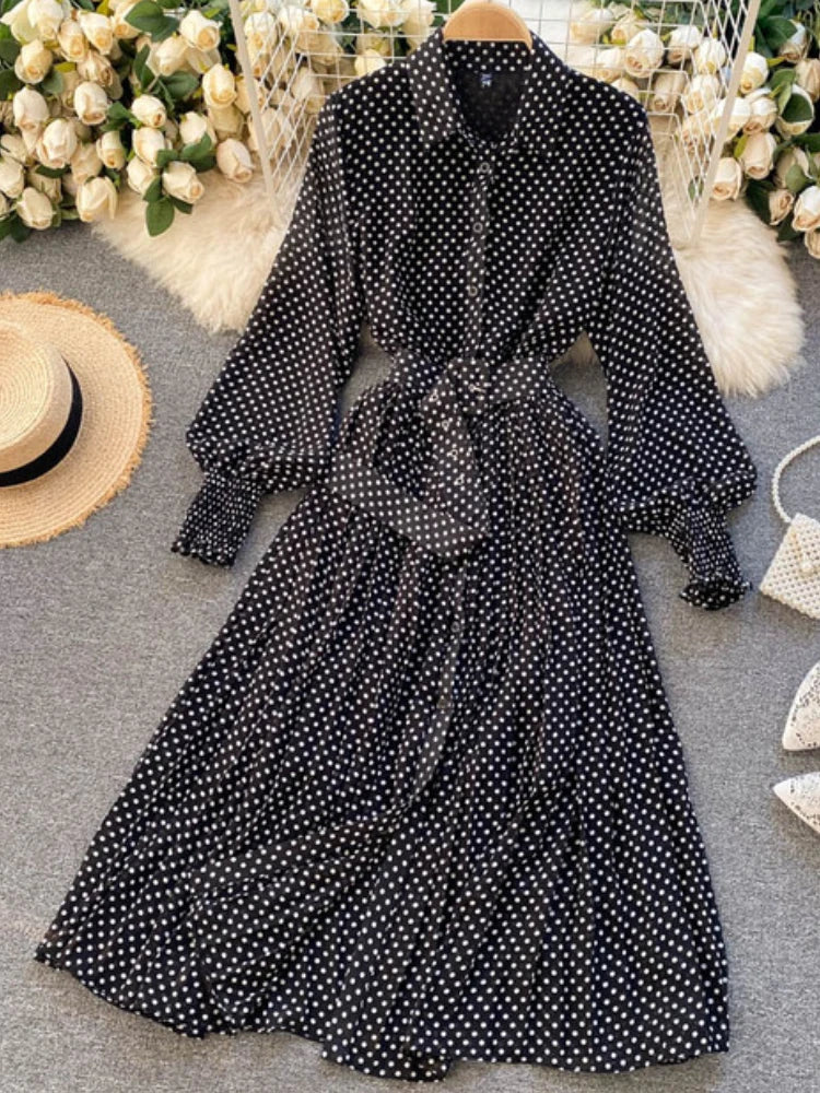 lovwvol Spring Autumn Women Vintage Maxi Party Dress Long Sleeve Orange Polka Dot Pleated Evening Black Vestidos Femme Fashion Robe New