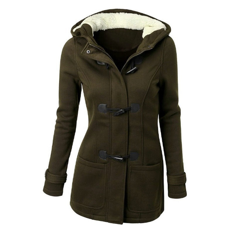 Hooded Cotton Blend Classic Horn Leather Buckle Coat Jacket Cotton Coat Women