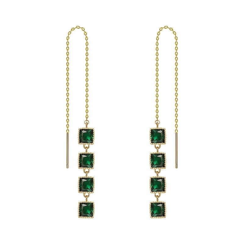 Gorgeous Square Green Zircon Stones Tassel Ear Line Korean Jewelry Trendy Gold Color Personality Earrings for Women Jewelry