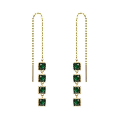 Gorgeous Square Green Zircon Stones Tassel Ear Line Korean Jewelry Trendy Gold Color Personality Earrings for Women Jewelry