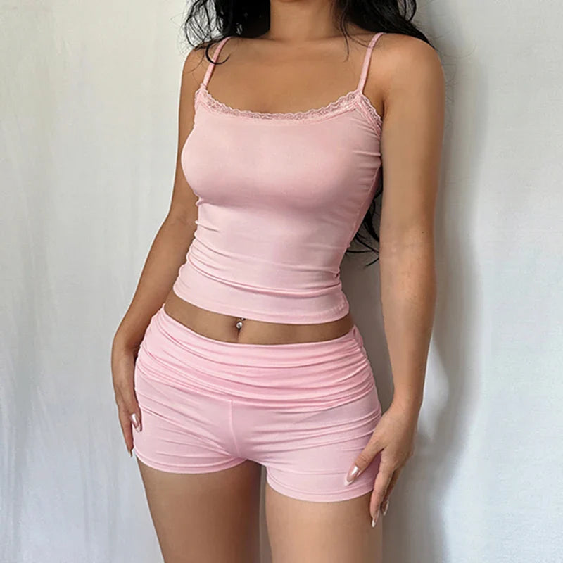 lovwvol  -  Lace Trim Square Collar Tank Top and Fold Mini Shorts Casual Women Basic Two Piece Set Y2K Summer pant Suits Homewear