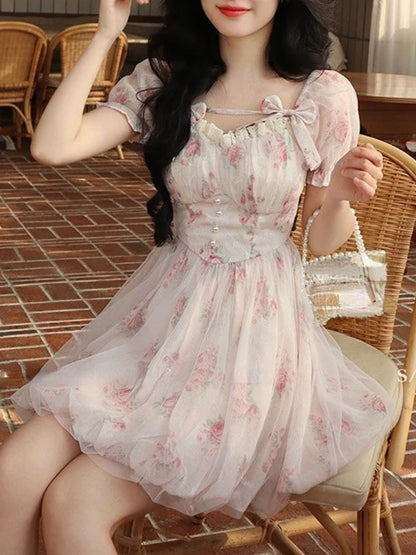 lovwvol Floral Sweet Fairy Bodycon Dresses for Women Elegant Party Print French Female Korean Fashion Cute Mini Dress Summer Pink