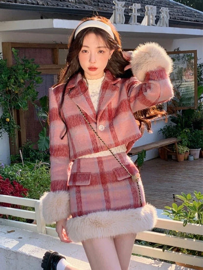 lovwvol Plaid Knitted Suit Woman Korean 2 Piece Dress Set 2024 Winter Vintage Fashion Tops Cardigan + Slim Bodycon Y2k Mini Skirt Chic