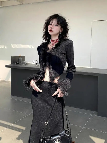 lovwvol Sexy Gothic Knitted Cardigan with Fur Women Black Cropped Sweaters Y2k Elegant Korean Streetwear Grunge V-neck Tops