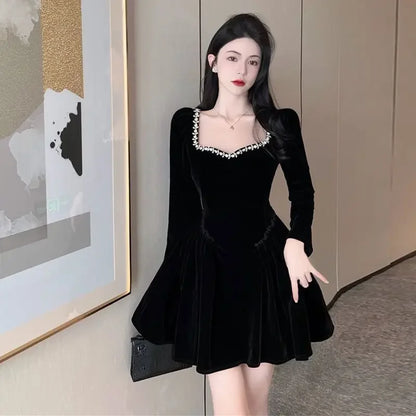 lovwvol QWEEK Vintage Elegant Black Party Dresses Evening Retro Velvet Tepmweament Wrap Slim Mini Short Dress Square Collar