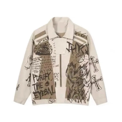 lovwvol  -  Autumn Retro Graffiti Printed Jacket For Men And Women Oversized Casual Couple Jacket Versatile jaqueta aviador feminina