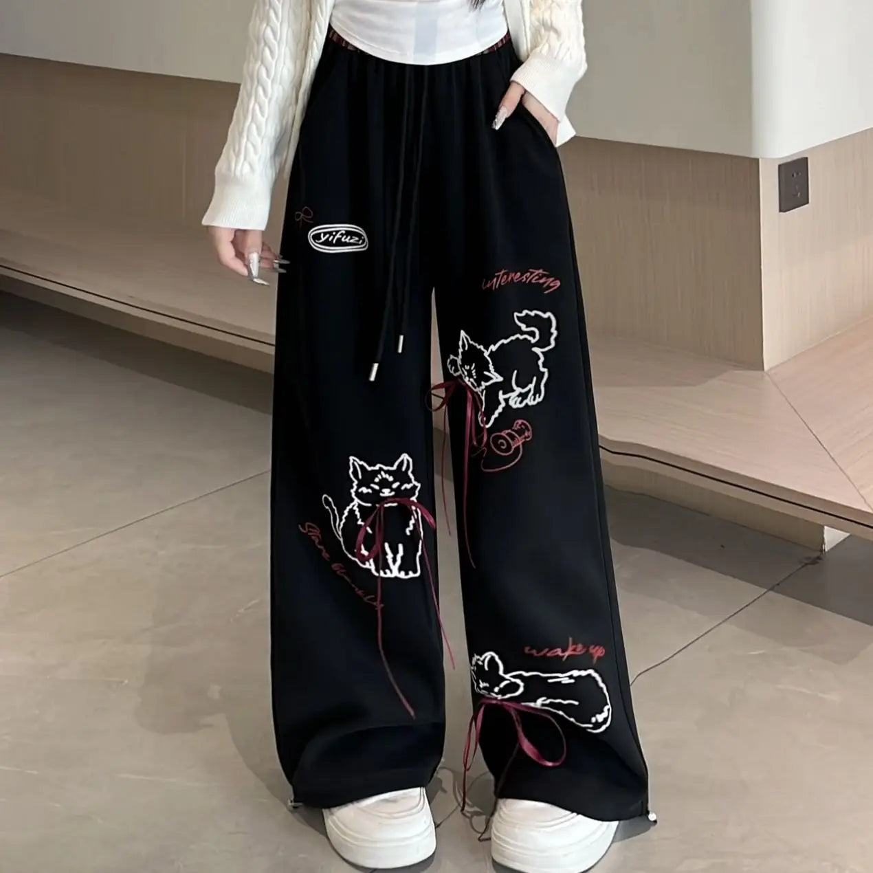 lovwvol  -  Preppy Style Cartoon Cat Print Femme Vintage Wide Leg Pants for Women Causal Y2k Aesthetic Bow Trousers Harajuku Loose Bottoms