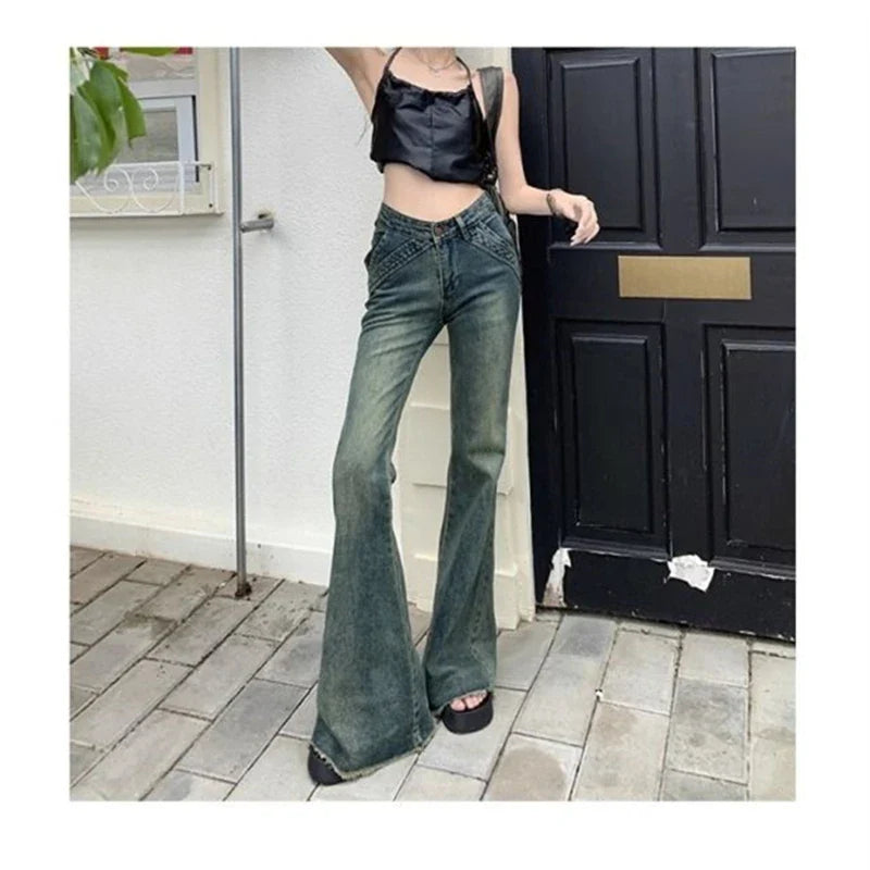 lovwvol Women's Vintage Street Style Micro Flared Pants Summer American Girl Casual Thin Trousers Female Sexy Denim Bell Bottom Jeans