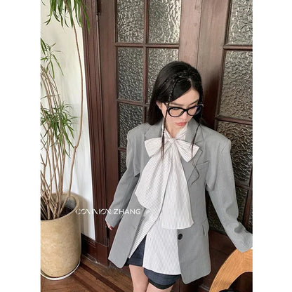 lovwvol Vintage Striped Blouses with Bow Women Elegant French Style Long Sleeve Shirts Sweet Preppy Office Look Korean Fashion