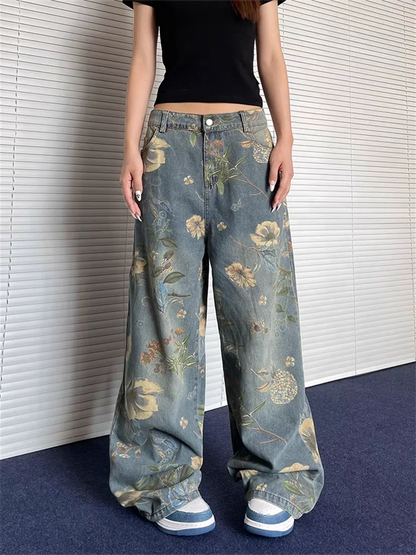 lovwvol Women's Retro Floral Print Straight Baggy Jeans Cool Girl High Waisted Fashion Pants Female Straight Wide-leg Denim Trousers