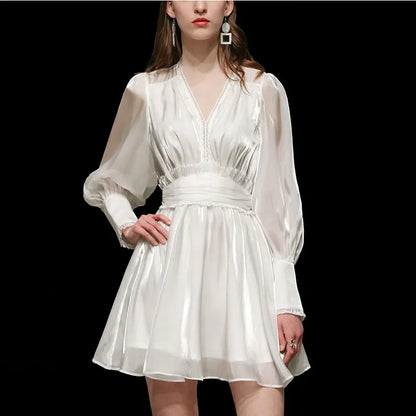 High-Grade White Streamer Satin French High Waist Dress Women  Spring New Long Sleeve Waist Tight Niche Puff Sleeve Dress