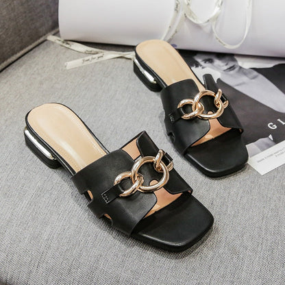 2023 new summer women's outerwear slippers fashion metal chain High heel Ladies Casual Sandals Korean style Large size 41-43