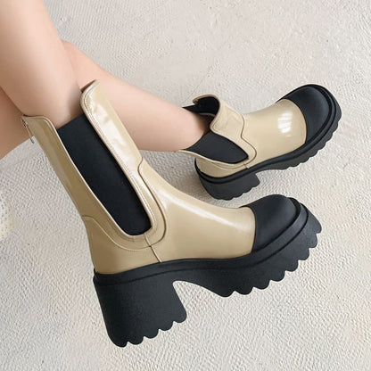 Chunky Heels Patent Leather Chelsea Boots Women 2023 Autumn Round Toe Thick Platform Ankle Boots Woman Slip On Mid Calf Booties