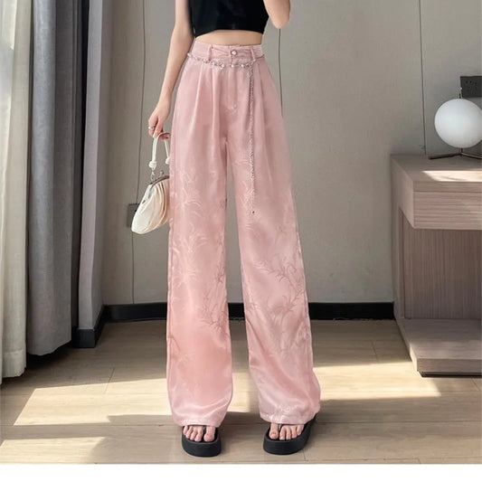 lovwvol Spring Autumn Women's Button Zipper High Waist Solid Chiffon Printed Geometric Shaped Wide Legs Casual Trousers Elegant Pants