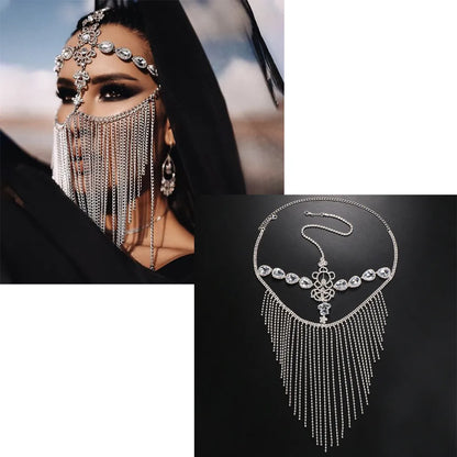 Indian Tassel Veil Mask for Face Women Rhinestone Face Masks Masquerade Dance Party Banquet Decoration Face Accessories Jewelry