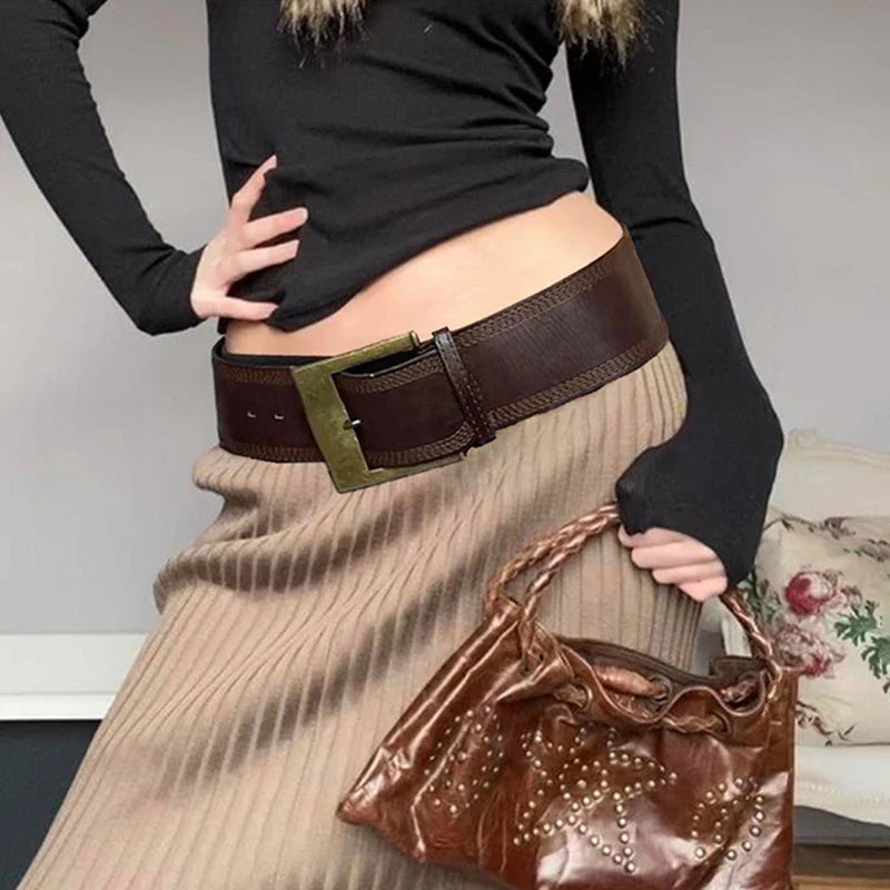 lovwvol Vintage Fashion Brown Metal Buckle Women Belts Y2K Accessories Waistband Grunge Wide Belt Sashes Leather Outwear Chic