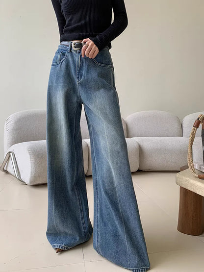 lovwvol Women's Retro High Waisted Loose Micro Flared Pants Casual Jeans Vintage American Street Female Straight Denim Trousers