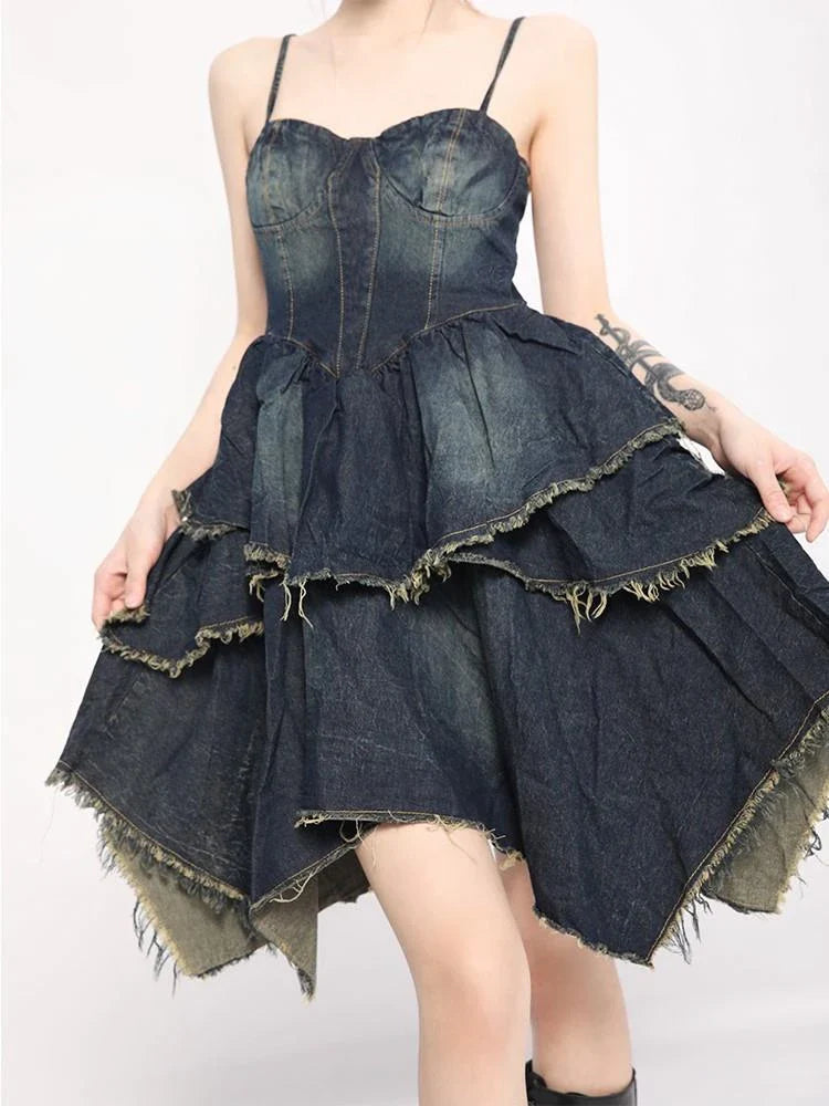 lovwvol Summer Designer Vintage Denim Dress Women Backless Korean Fashion Party Dress Female Asymmetric Casual Elegant Dress  New