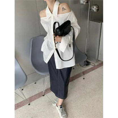 lovwvol Women Blouses White Off Shoulder Oversized Korean Fashion Sexy Chic Aesthetic Shirts Elegant Female Tops Streetwear