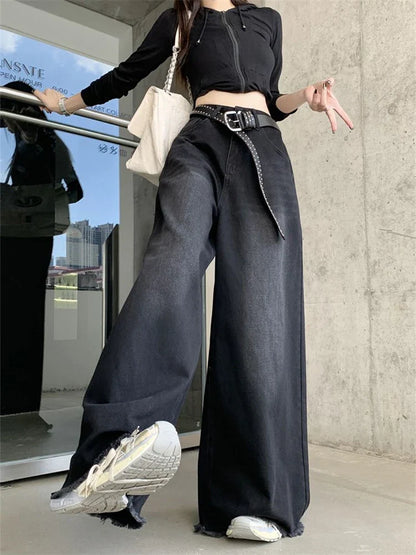 lovwvol Women's Ragged Edge Design Loose Wide Leg Jeans Summer New Cool Girl Street Bottoms Thin Pants Female Baggy Denim Trousers