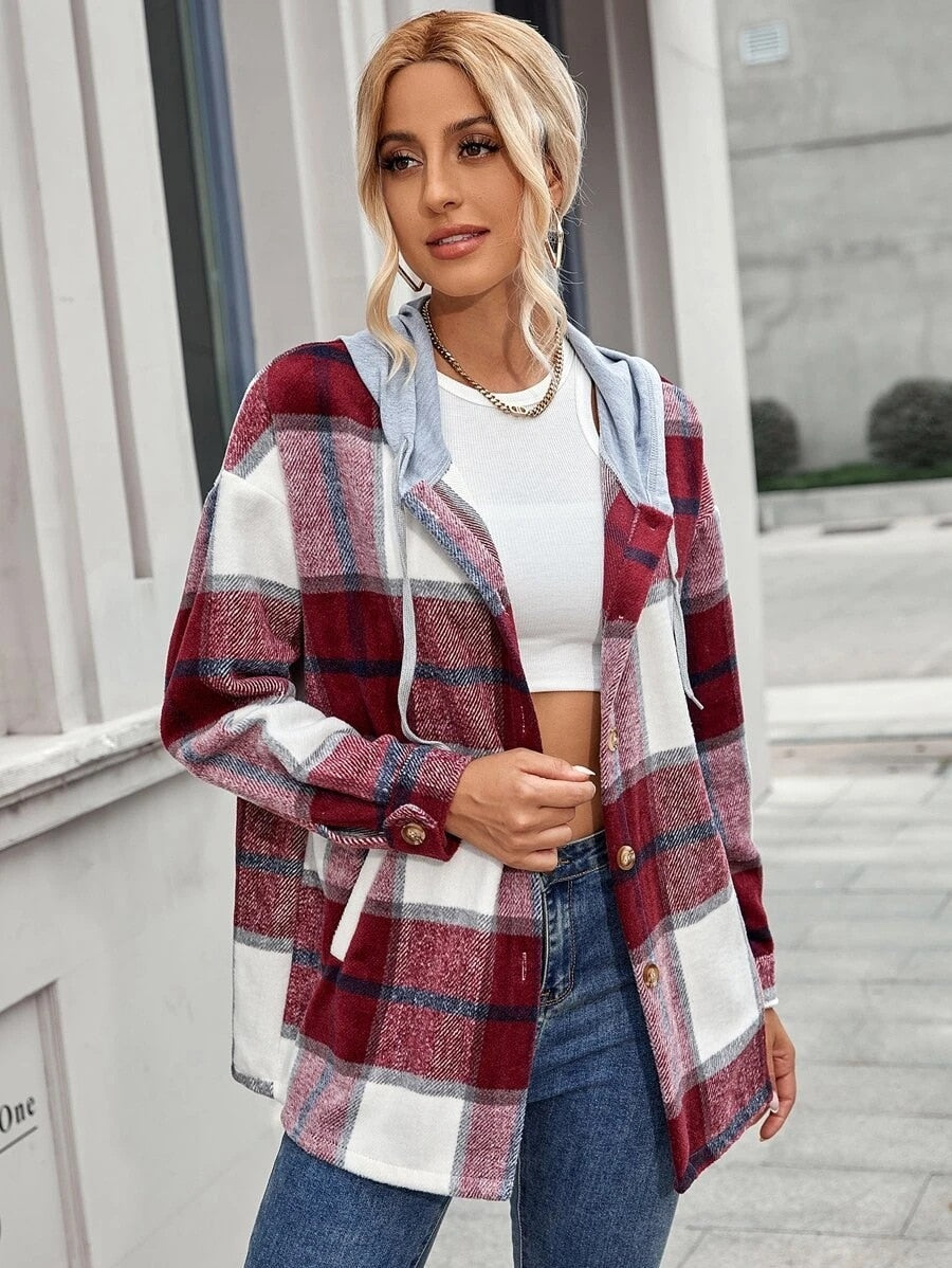 lovwvol     Vintage Plaid Jacket Womens Wool Blend Coats Hoodies Streetwear Flannel Hooded Woolen Za Woman Overshirt Oversized Shirts