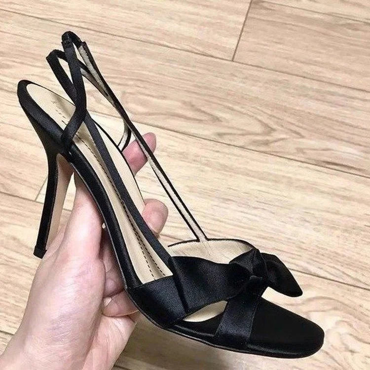 Summer Ladies Sexy Ladies High Heels Sandals Solid Color Bows Large Size 34-40 Stiletto High Heels Open Toe Comfortable