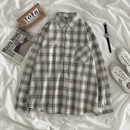 Women Shirt Plaid Oversize Turn-down Collar Leisure Fashion Loose All-match Womens Long Sleeves Soft Chic Korean Style Tops polo