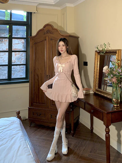 lovwvol  2024 Summer Pink Sweet Slim Y2k Mini Dress Woman French Elegant Flare Sleeve Dress Party Casual One Piece Dress Korean Fashion