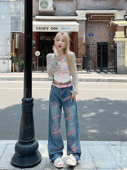 lovwvol Letter Embroidery High Waisted Jeans Woman High Street Vintage Harajuku Baggy Jeans Women Clothing Wide Leg Women Jeans Pants