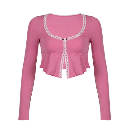 lovwvol Korean Fashion Pink Frill Crop Top Women T-shirts Slim Y2K Cute Lace Trim Coquette Clothes Fold Mini Tee Shirt Kawaii