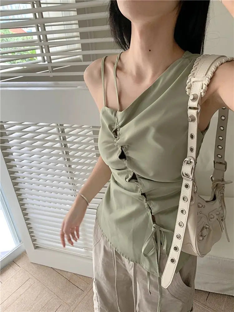 lovwvol Summer Korean Bandage Off Shoulder Tanks Y2k Crop Tops Irregular Blouse Casual Elegant Fashion Tees Sweet Women Camisole