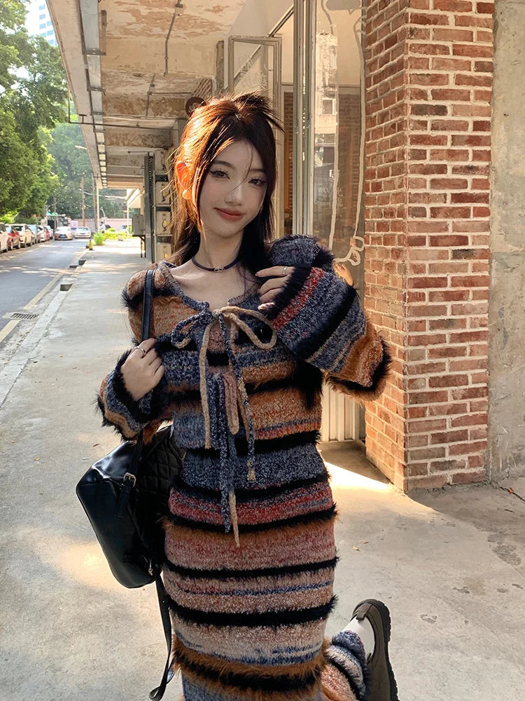 Autumn New Streetwear Lace Up Sexy Long-sleeved Cardigan Women + Contrast Color Striped Knit Sling Dress Two-piece Suit