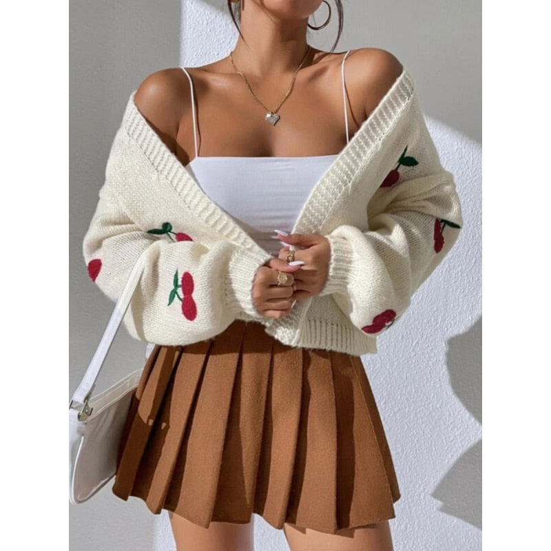 lovwvol lovwvol Spring  Autumn Jacquard Sweater 2023 New Outerwear Loose Casual Knitted Cardigan Cherry Pattern Cute Short Knitted Jacket