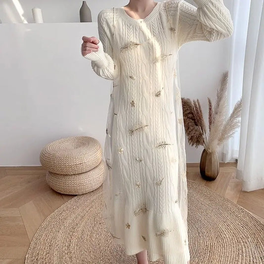 lovwvol  -  Korean Slim Knit Sweater Dress Women Knitted Mesh Spaghetti Strap Dress Female Long Sleeve Winter Autumn Dress