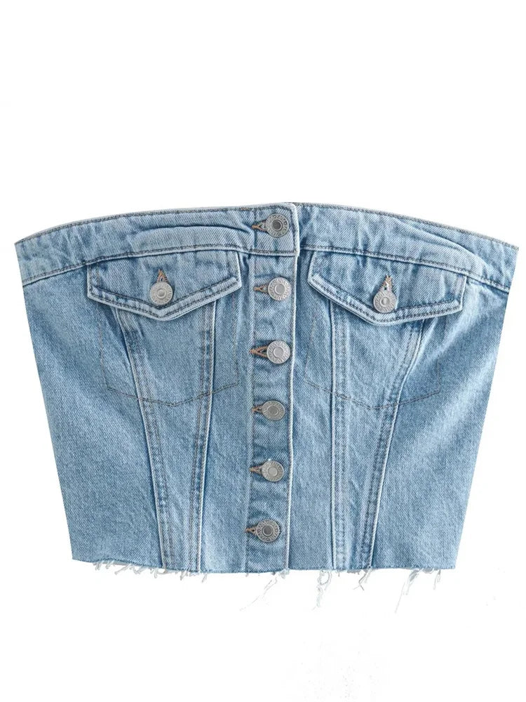 lovwvol Women Sexy Tube Tops Sleeveless Buttons Up Bustiers Corsets Strapless Denim Off Shoulder Cropped Tank Mini Vest