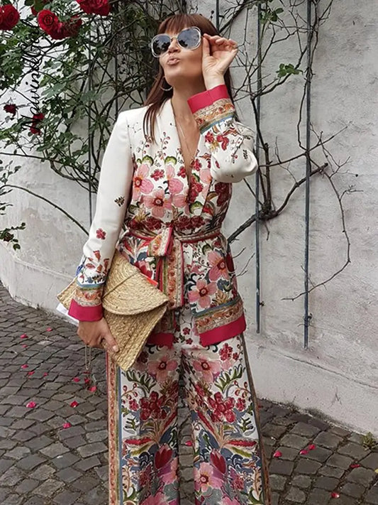 lovwvol  -  Retro Flower Printed Blazer Suits For Women Spring OL Casual Long Sleeve Jacket Wide-Leg Pants Female Trendy 2 Piece Sets Outfit