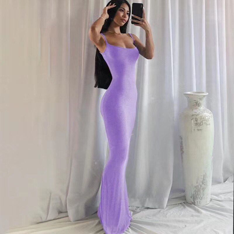 New Satin Slip Sleeveless Backless Slim Sexy Long Maxi Dress Women Party Club Dresses Y2K Concise Bodycon Elegant Clothing