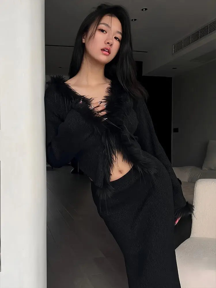 lovwvol Sexy Gothic Knitted Cardigan with Fur Women Black Cropped Sweaters Y2k Elegant Korean Streetwear Grunge V-neck Tops