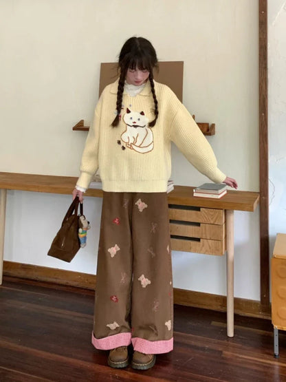 lovwvol  -  Korean Cartoon Bear Bow Embroidery Pantalones Contrast Color Patchwork Plaid Casual Trousers Women New Y2k Kawaii Wide Leg Pants