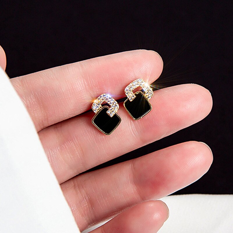 Korean Style Black Zircon Stud Earring For Women Shiny Rhinestone Square Geometric Earrings Girl Party Statement Jewelry Gifts