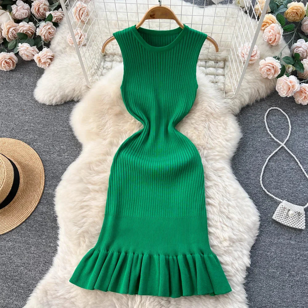 Summer Knitted Bodycon Sexy Dress  O Neck Sleeveless Ruffled Party Sundress High Street Elastic Slim Short Dress