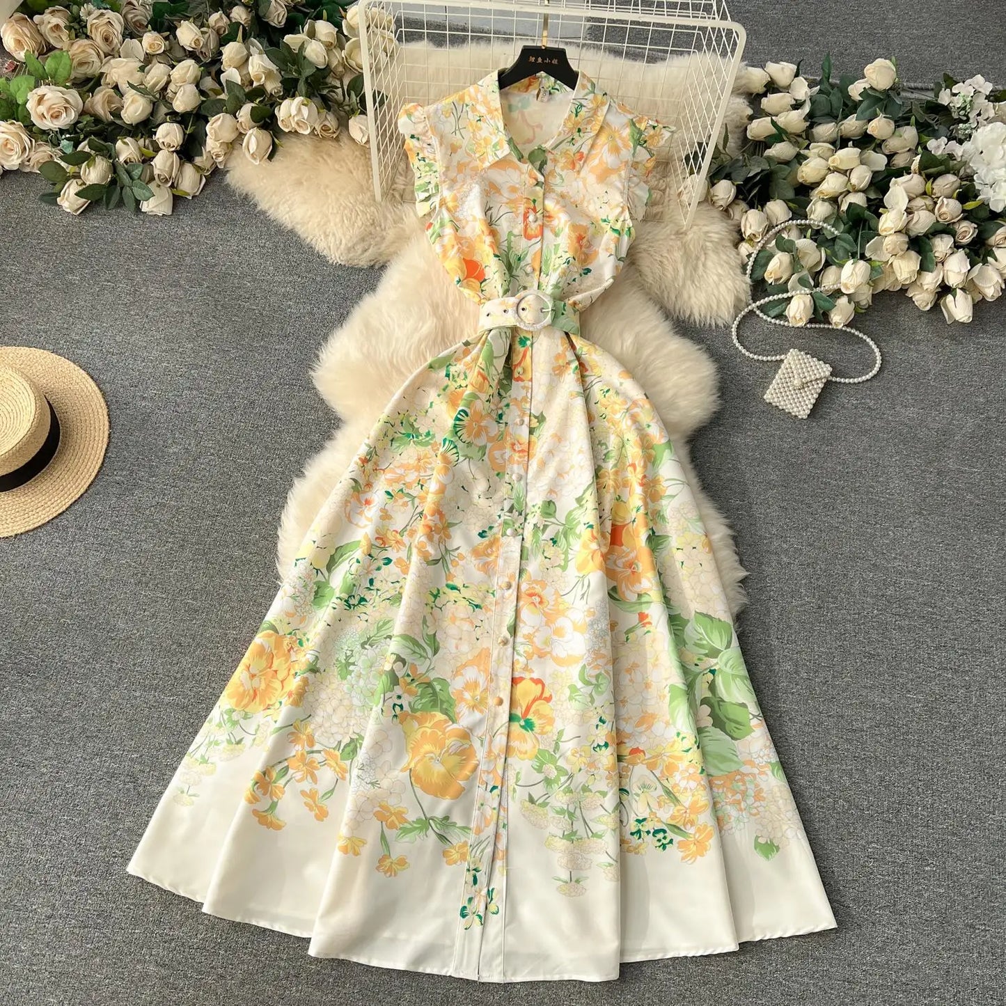 lovwvol New Fashion 2024 Summer Holiday Long Dress Women's Gorgeous Sleeveless Turn Down Neck Floral Print Belt Robe Beach Vestidos