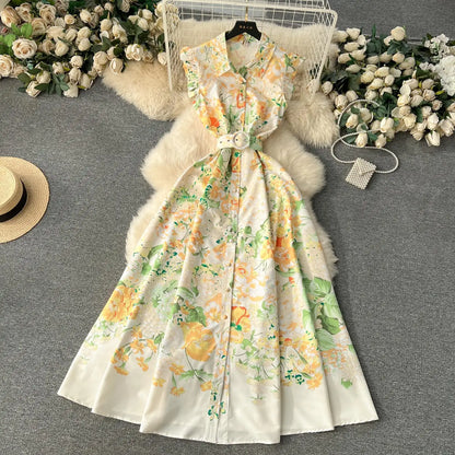 lovwvol New Fashion 2024 Summer Holiday Long Dress Women's Gorgeous Sleeveless Turn Down Neck Floral Print Belt Robe Beach Vestidos