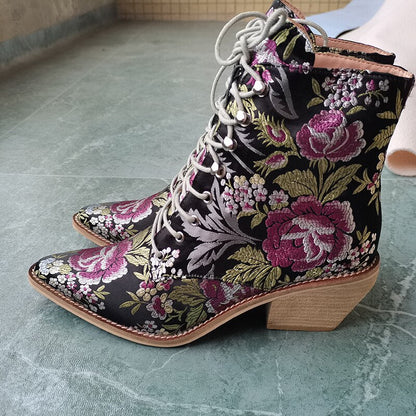 lovwvol HOT sale Women ankle boots plus size 22-26.5cm Chinese style embroidered flowers lace-up booties tapered heel women boots